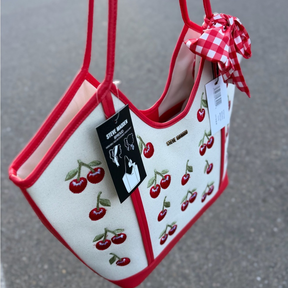 Steve Madden Cherry Red Gingham Scarf Bow Cream denim Tote Bag satchel Purse - Picture 7 of 9